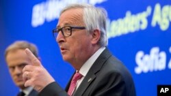European Commission President Jean-Claude Juncker speaks during a media conference at the conclusion of an EU and Western Balkan heads of state summit at the National Palace of Culture in Sofia, Bulgaria, May 17, 2018.