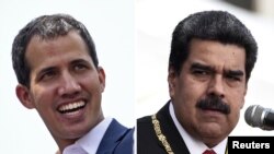 This combination of pictures created May 25, 2019, shows Venezuelan opposition leader Juan Guaido, left, in Caracas, Feb. 2, 2019, and Venezuelan President Nicolas Maduro, right, at the Fuerte Tiuna Military Complex in Caracas, Jan. 10, 2019.