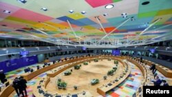 European Union leaders attend a roundtable meeting on the second day of a face-to-face EU summit in Brussels, Belgium, May 25, 2021. 