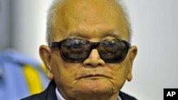 Khmer Rouge "Brother Number Two" Nuon Chea attends a public hearing at the Extraordinary Chambers in the Courts of Cambodia, on the outskirts of Phnom Penh, October 19, 2011.