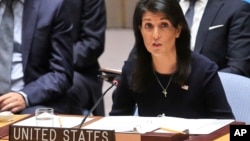 United Nations U.S. Ambassador Nikki Haley addresses a U.N. Security Council meeting on North Korea, Sept. 4, 2017 at U.N. headquarters. (AP Photo/Bebeto Matthews)