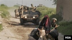 Konvoi pasukan NATO saat melakukan patroli di wilayah pedalaman, sementara seorang wanita Afghanistan menaiki keledai dengan didampingi suaminya.