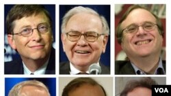 Para bilyuner AS, antara lain, atas dari kiri: Bill Gates, Warren Buffett, dan Paul Allen. Gambar bawah, dari kiri: Robson Walton, Carlos Slim Helu, dan Lawrence Ellison.