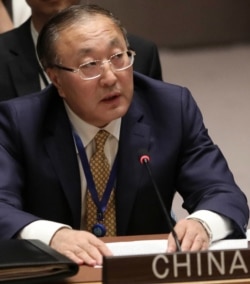 China's new United Nations Ambassador Zhang Jun address a meeting of the United Nations Security Council on the Mideast, Aug. 20, 2019 at U.N. headquarters.