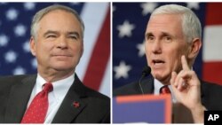 Cawapres dari Partai Demokrat AS Tim Kaine (kiri) dan cawapres dari Partai Republik Mike Pence (kanan).