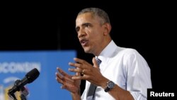 Presiden AS Barack Obama berbicara mengenai ekonomi dalam kunjungan ke University of Wisconsin La Crosse (2/7). 