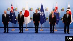 지난해 7월 리투아니아 빌뉴스에서 열린 나토 정상회의에 한국을 비롯해 일본, 호주, 뉴질랜드 등 인도태평양 파트너 4개국 국가 정상들이 참석했다. 왼쪽부터 앤서니 앨버니지 호주 총리, 기시다 후미오 일본 총리, 옌스 스톨텐베르그 나토 사무총장, 크리스 힙킨스 뉴질랜드 총리, 윤석열 한국 대통령.