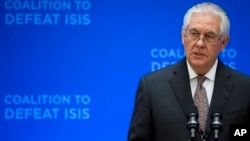 FILE - Secretary of State Rex Tillerson speaks at the Meeting of the Ministers of the Global Coalition on the Defeat of ISIS, March 22, 2017, at the State Department in Washington.