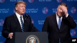 지난 2월 베트남 하노이에서 열린 2차 미-북 정상회담 직후 도널드 트럼프 미국 대통령과 마이크 폼페오 국무장관이 기자회견을 열고 합의 도출에 실패한 이유를 설명했다.