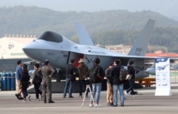 South Korean Air Forces' KF-X Mock-up is displayed during the press day of Seoul International Aerospace and Defense Exhibition 2019 at the Seoul Military Airport in Seongnam, South Korea, Oct. 14, 2019.