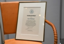 FILE -Svenska PEN's Tucholsky Prize, awarded to detained Swedish bookseller Gui Minhai, is pictured in Stockholm, Sweden, Nov 15, 2019. (TT News Agency/Fredrik Sandberg via Reuters)