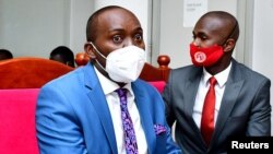 Lawyer Medard Ssegona, representing Bobi Wine, is seen inside the High court in Twed Towers in Kampala, Uganda, Jan. 21, 2021. 