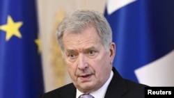 Presiden Finlandia Sauli Niinisto dalam konferensi pers di Istana Kepresidenan di Helsinki, Finlandia, 7 Februari 2023. (Lehtikuva/Markku Ulander via REUTERS)