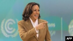 U.S. Vice President Kamala Harris arrives to speak at the U.N. COP28 Climate Conference in Dubai, United Arab Emirates, on Dec. 2, 2023. She announced a U.S. pledge of $3 billion to the Green Climate Fund.