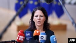 아날레나 베어보크 독일 외무장관이 지난달 19일 벨기에 브뤼셀 유럽연합(EU) 본부에서 기자회견하고 있다. (자료사진)