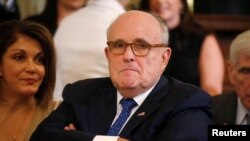 Rudy Giuliani saat menghadiri pengumuman calon hakim Mahkamah Agung di Gedung Putih, Washington, 9 Juli 2018. 