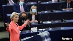 European Commission President Ursula von der Leyen delivers a speech during a debate on 'The State of the European Union' at the European Parliament in Strasbourg, France, Sept. 15, 2021. (Reuters/Yves Herman/Pool)