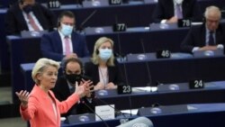 European Commission President Ursula von der Leyen delivers a speech during a debate on 'The State of the European Union' at the European Parliament in Strasbourg, France, Sept. 15, 2021. (Reuters/Yves Herman/Pool)