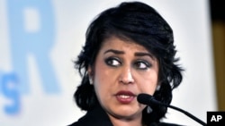FILE - President of Mauritius Ameenah Firdaus Gurib-Fakim speaks at a summit on water issues in Budapest, Hungary, Nov. 29, 2016.