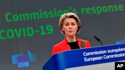 European Commission President Ursula von der Leyen speaks during a media conference on the Commission's response to COVID-19, at EU headquarters in Brussels, Belgium, March 17, 2021.