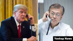 FILE - U.S. President Donald Trump, left, and South Korea President Moon Jae-in are shown in undated photos in this composite image.