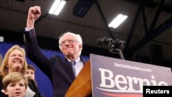 버니 샌더스 미 상원의원이 11일 뉴햄프셔주 맨체스터에서 민주당 뉴햄프셔주 프라이머리에서의 승리를 선언하고 있다. 