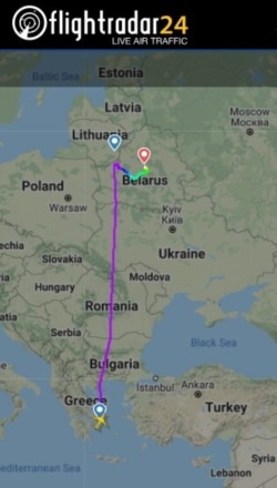 A still image shows a flight path of Ryanair FR4978 on May 23, 2021 on its way from Athens, Greece to Lithuanian capital Vilnius and diverted to Minsk, Belarus. (Courtesy: FLIGHTRADAR24.COM/Handout)