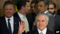 Presiden interim Brazil, Michel Temer di istana Presiden, Brasilia, Brazil (12/5).