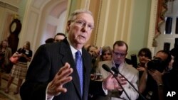 FILE - Senate Majority Leader Mitch McConnell of Kentucky speaks to reporters on Capitol Hill, April 4, 2017. He says "everybody's at the table" for discussion on the Senate health care bill.