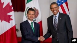 Presiden Meksiko Enrique Pena Nieto (kiri) dan Presiden Barack Obama saat bertemu di KTT para pemimpin negara-negara Amerika Utara di Toluca, Meksiko, 19 Februari 2014 (Foto: dok).