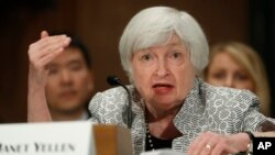 FILE - Federal Reserve Chair Janet Yellen testifies on Capitol Hill in Washington, July 13, 2017, before the Senate Banking Committee. 