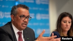 រូបឯកសារ៖ លោក Tedros Adhanom Ghebreyesus អគ្គលេខាធិការ​អង្គការ​សុភាពពិភពលោក WHO ក្នុង​សន្និសីទ​សារព័ត៌មាន អំពី​ជំងឺកូរ៉ូណា នៅ​ទី​ក្រុង​ហ្សឺណែវ ប្រទេស​ស្វ៊ីស កាល​ពី​ថ្ងៃ​ទី១៦ មីនា ២០២០។