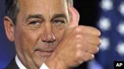 House Republican leader John Boehner of Ohio celebrates the GOP's victory that changes balance of power in Congress and will likely elevate him to speaker of the House, during election night gathering hosted by National Republican Congressional Committee 