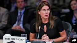 FILE - Congresswoman Mary Bono, R-Ca., speaks during a meeting of the Joint Committee Session on addressing the Nation's Opiod Crisis at the National Governors Association Summer meeting at the Greenbrier in White Sulphur Springs, W. Va., Saturday, July 25, 2015. 