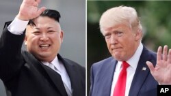 FILE - This combination of photos shows North Korean leader Kim Jong Un on April 15, 2017, in Pyongyang, North Korea, left, and U.S. President Donald Trump in Washington on April 29, 2017.