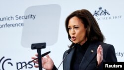 카멀라 해리스 미국 부통령이 18일 뮌헨안보회의에서 연설하고 있다.