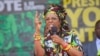 FILE - Zimbabwe's first lady, Grace Mugabe, addresses party supporters at a ZANU PF Rally in Chinhoyi in this July 29, 2017 