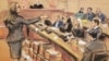Assistant U.S. Attorney Andrea Goldbarg points at Mexican drug lord Joaquin "El Chapo" Guzman, back row center, in this courtroom sketch during Guzman's trial in Brooklyn federal court in New York City, Jan. 30, 2019. 