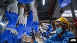 A worker inspects disposable gloves at the Top Glove factory in Shah Alam on the outskirts of Kuala Lumpur, Malaysia.