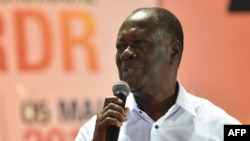 Le président ivoirien et leader du parti libéral RDR (Rassemblement des républicains - Rassemblement des républicains) Alassane Ouattara lors d'un congrès extraordinaire du RDR à Abidjan, le 5 mai 2018.