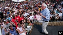 Democratic presidential candidate Sen. Bernie Sanders, I-Vt., speaks at the Iowa State Fair in Des Moines, Aug. 15, 2015.