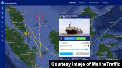 북한산 석탄을 싣고 항해 중인 '동탄호'의 6월 3일 현재 위치(붉은 원). 말레이시아에서 입항 허가를 받지 못하고 출발지 인도네시아로 남하하던 배가 인도네시아에서도 입항하지 않은 채 다시 북상 중인 것으로 나타났다. 마린트래픽(MarineTraffic) 제공.