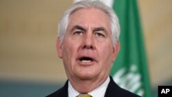 Secretary of State Rex Tillerson addresses the media after his meeting with Saudi Foreign Minister Adel Al-Jubeir at the State Department in Washington, March 23, 2017.