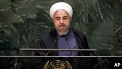 Presiden Iran Hasan Rouhani memberikan pidato pada pidato di Sidang Umum PBB hari Kamis (22/9).