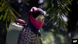 Seorang pekerja perempuan tengah menggendong alat penyemprot pestisida di punggungnya di perkebunan kelapa sawit di Sumatera, 8 September 2018. Beberapa pekerja menggunakan pasta kuning yang terbuat dari bubuk beras dan akar lokal sebagai tabir surya. (Foto: AP / Binsar Bakkara)