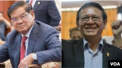 លោក ស ខេង ប្រធាន​ថ្នាក់ដឹកនាំ​តំណាងរាស្ត្រ​នៃ​គណបក្ស​ប្រជាជន​កម្ពុជា (ឆ្វេង) និងលោក កឹម សុខា ដែល​ទើប​ក្លាយ​ជា​ប្រធាន​ក្រុម​តំណាង​រាស្ត្រ​គណបក្ស​សង្គ្រោះ​ជាតិ​ (ស្តាំ)។ (VOA Khmer)​