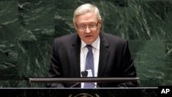 FILE - Sergei Ryabkov, deputy foreign minister of the Russian Federation, addresses the Nuclear Nonproliferation Treaty conference at United Nations headquarters, May 4, 2010. Ryabkov said Moscow would retaliate if the U.S. expands sanctions against it. 