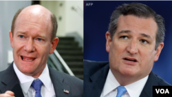 A side-by-side photo of two U.S. Senators: Chris Coons (left) and Ted Cruz (right). (VOA Khmer)