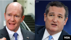 លោក ​Chris Coons (ឆ្វេង) សមាជិក​ព្រឹទ្ធសភា​​​អាមេរិក​នៃ​គណបក្ស​ប្រជាធិបតេយ្យ​តំណាង​រដ្ឋ​ ឌែលឡាវែ​ និង​លោកTed Cruz (ស្តាំ) សមាជិក​ព្រឹទ្ធសភា​​អាមេរិក​នៃ​គណបក្ស​សាធារណរដ្ឋ​តំណាង​រដ្ឋ តិចសាស ស្នើ​សេចក្តីព្រាង​«ច្បាប់​ពាណិជ្ជកម្ម​កម្ពុជា‍»​​​ឆ្នាំ​២០១៩។ (VOA)