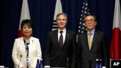 미한일 외교장관이 23일 미국 뉴욕에서 외교장관회의를 개최했다. 토니 블링컨 미국 국무장관(가운데), 조태열 한국 외교부 장관(오른쪽), 가미카와 요코 일본 외무상.